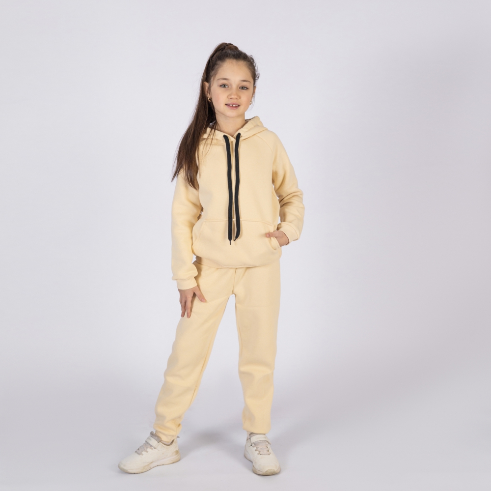 296-СЛ. Свитшот с капюшоном  + Штаны, хлопок 65%, 35%  ПЭ, 3-х нитка (начес) сливочный 80,86,92